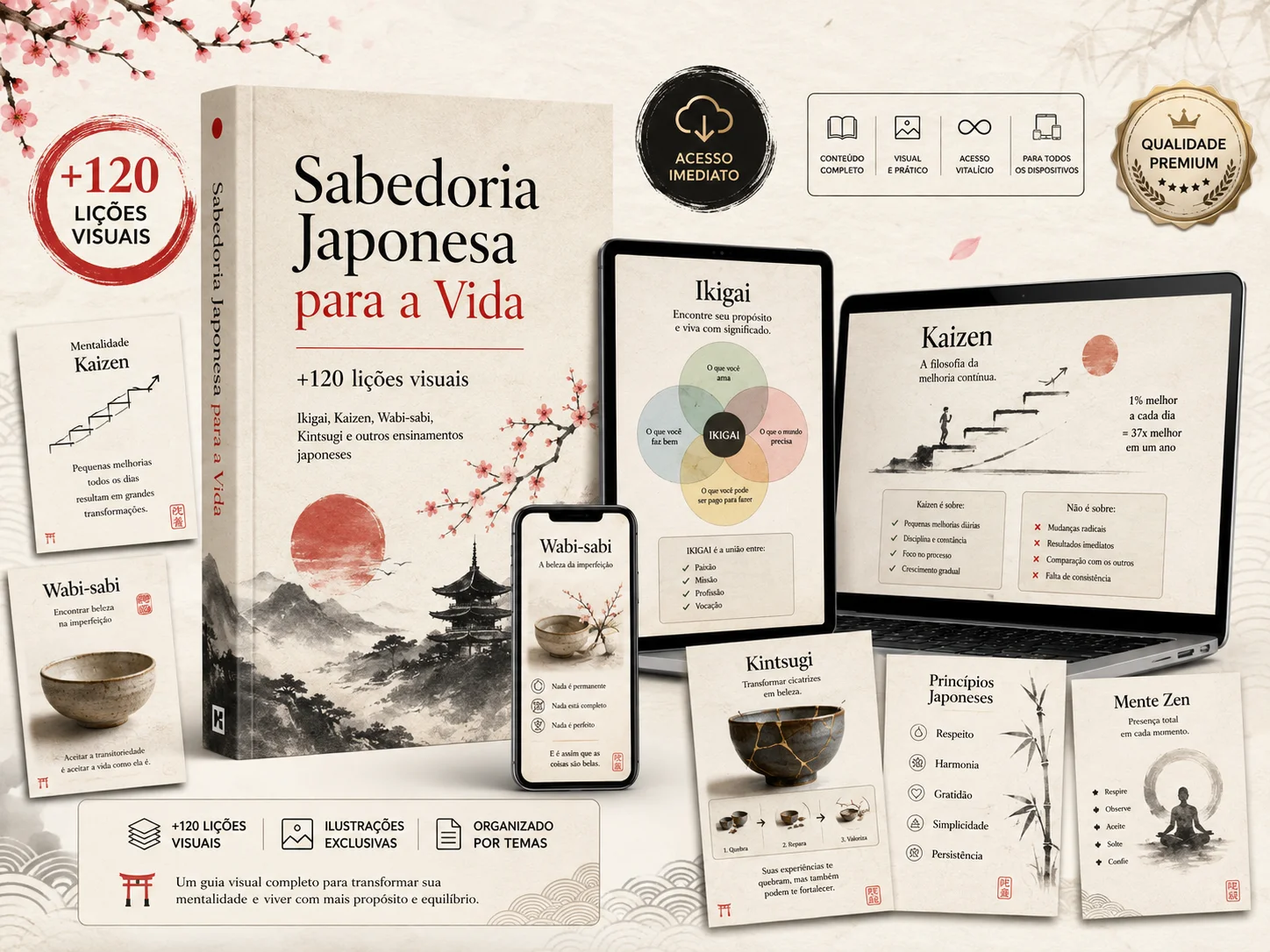Coleção Sabedoria Japonesa para a Vida: e-book, tablet e celular mostrando as 120 lições visuais